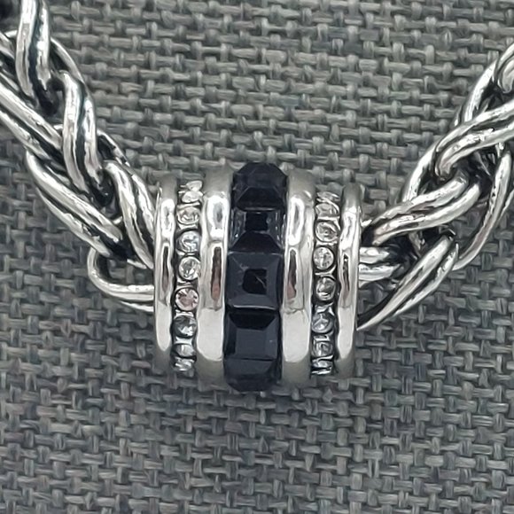 Necklace Silver Toned Wheat Braid Chain Hook Closure Barrel Black Clear Crystal - Picture 4 of 7